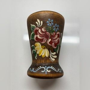VTG Hand Carved painted Decor Folk Art Wooden Small Vase Rare 3.75” Signed Karen